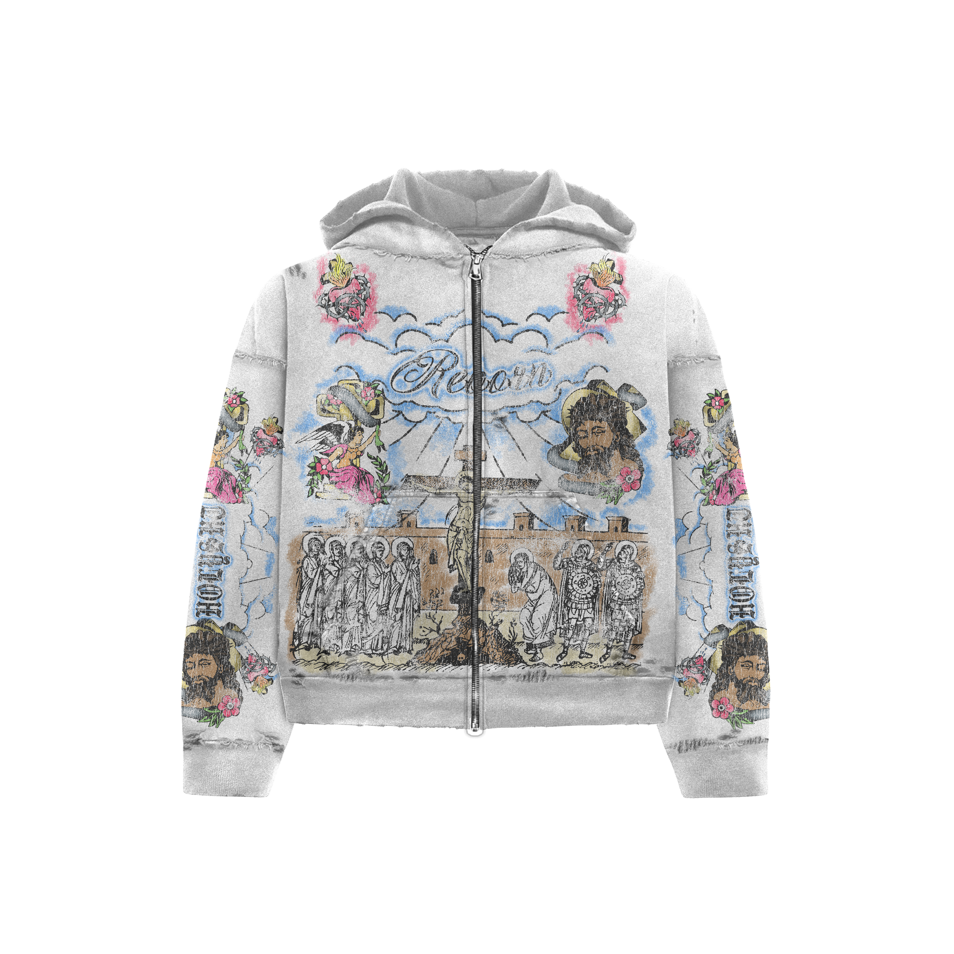 “Holy” distressed zip