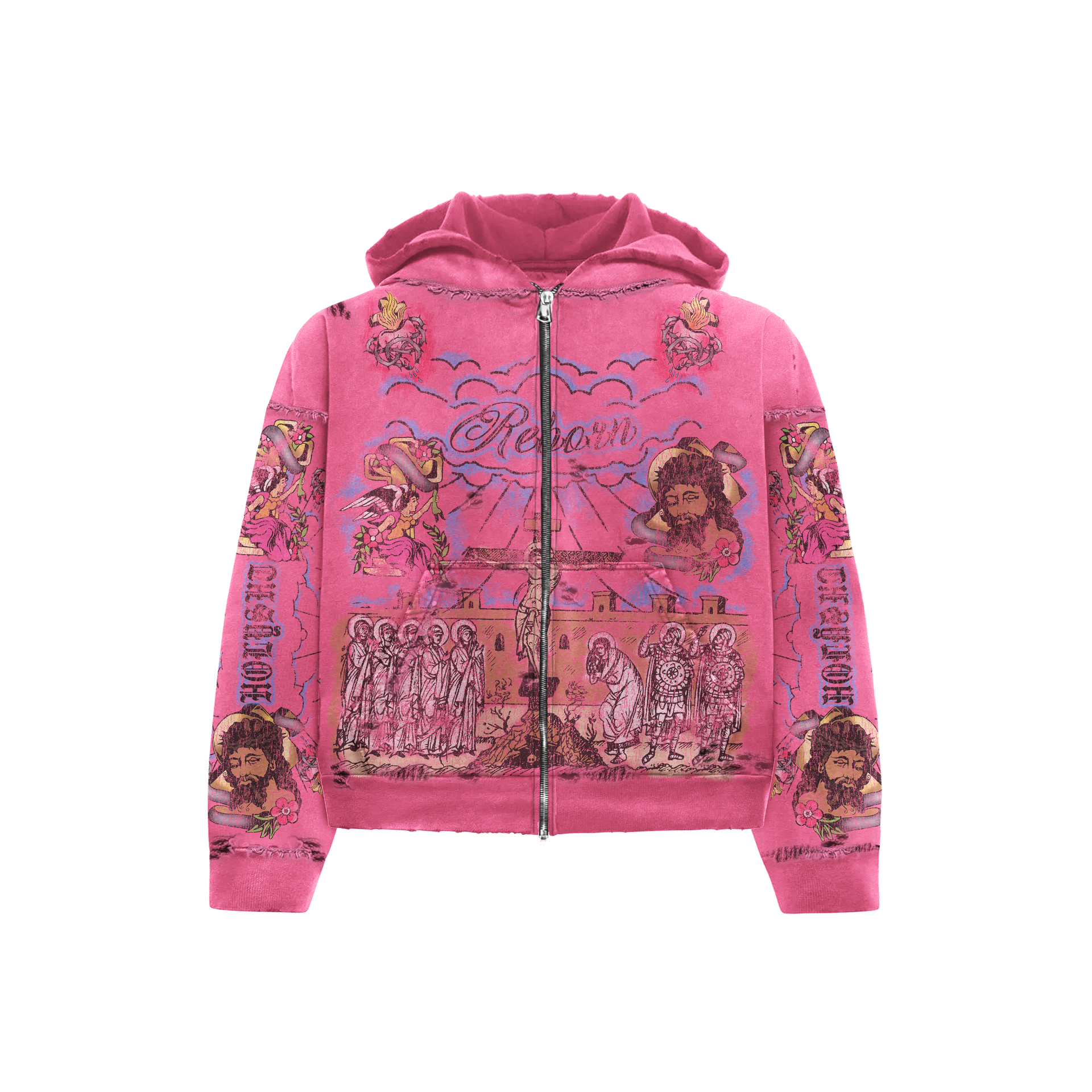 “Holy” pink distressed zip