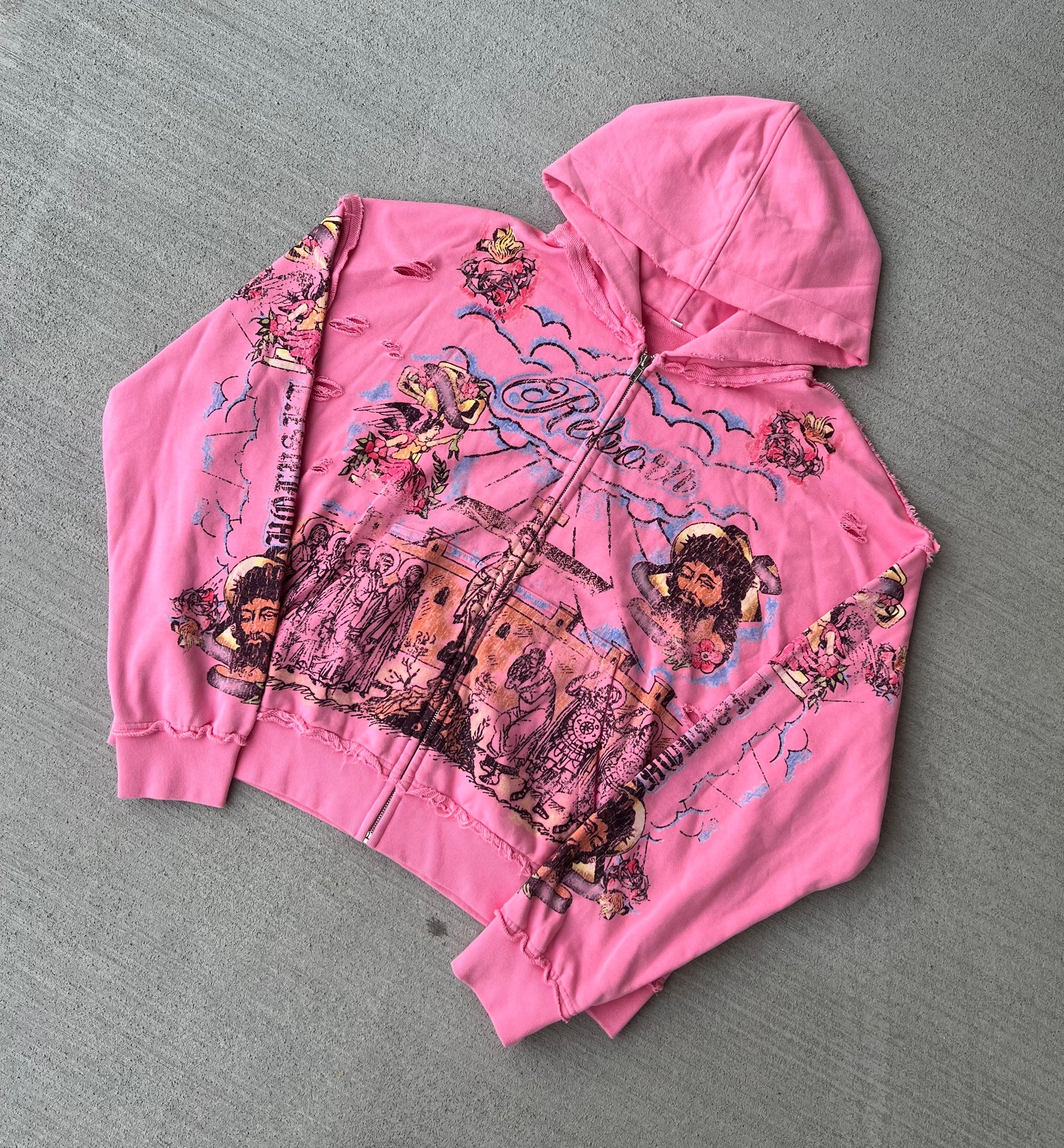 “Holy” pink distressed zip