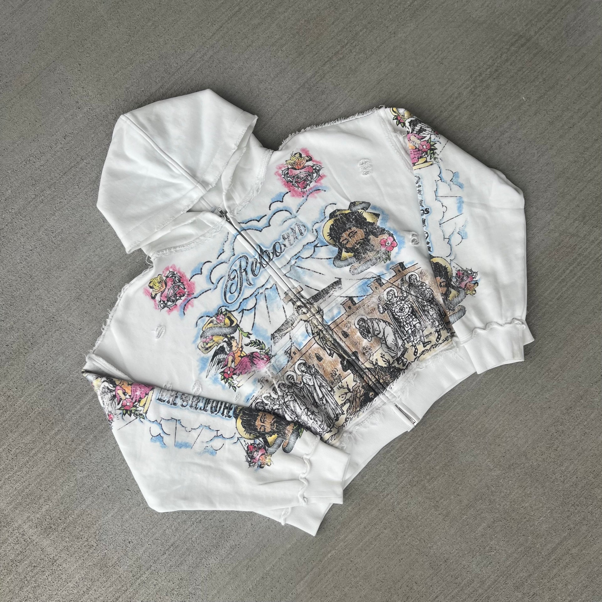 “Holy” distressed zip