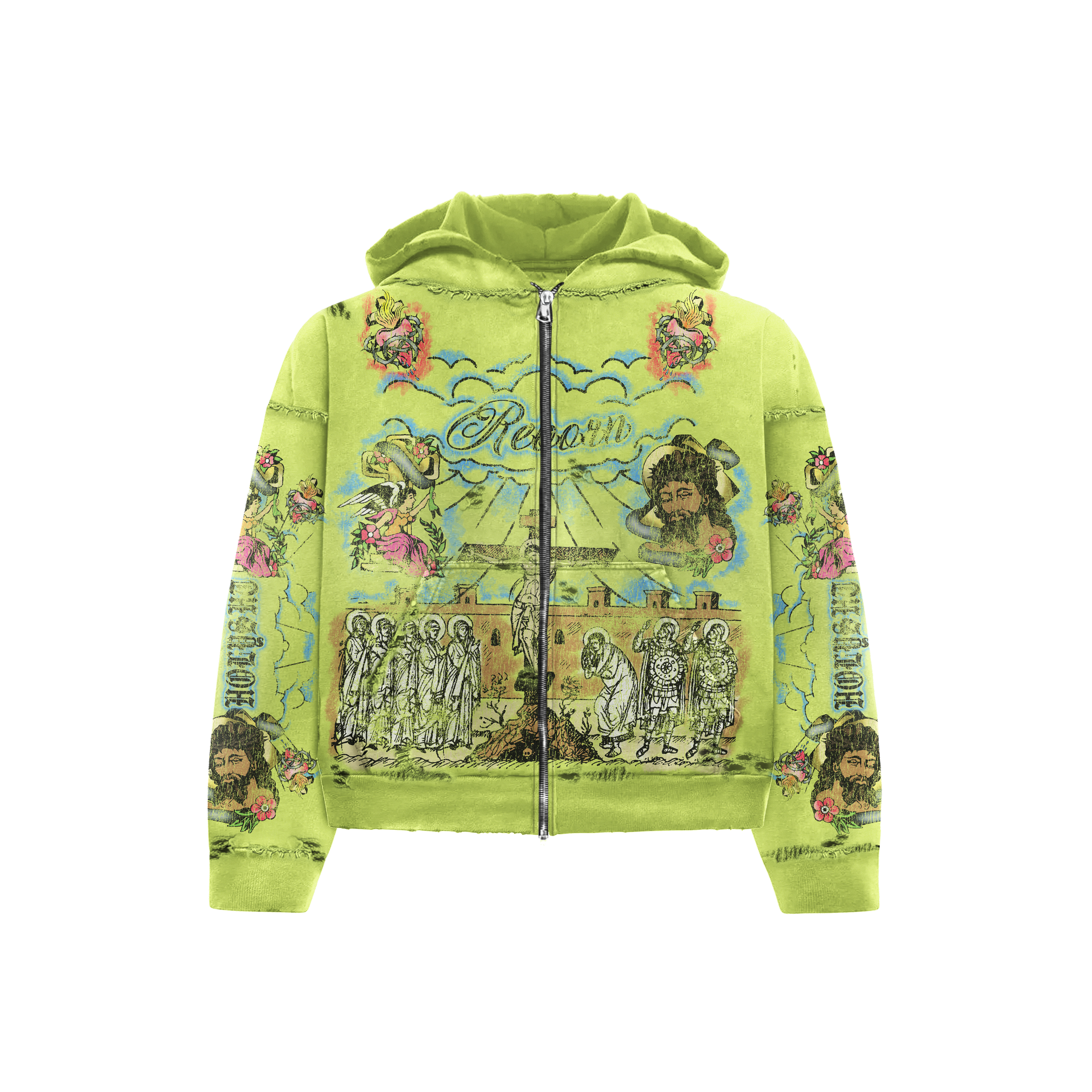 Green "Holy" distressed zip