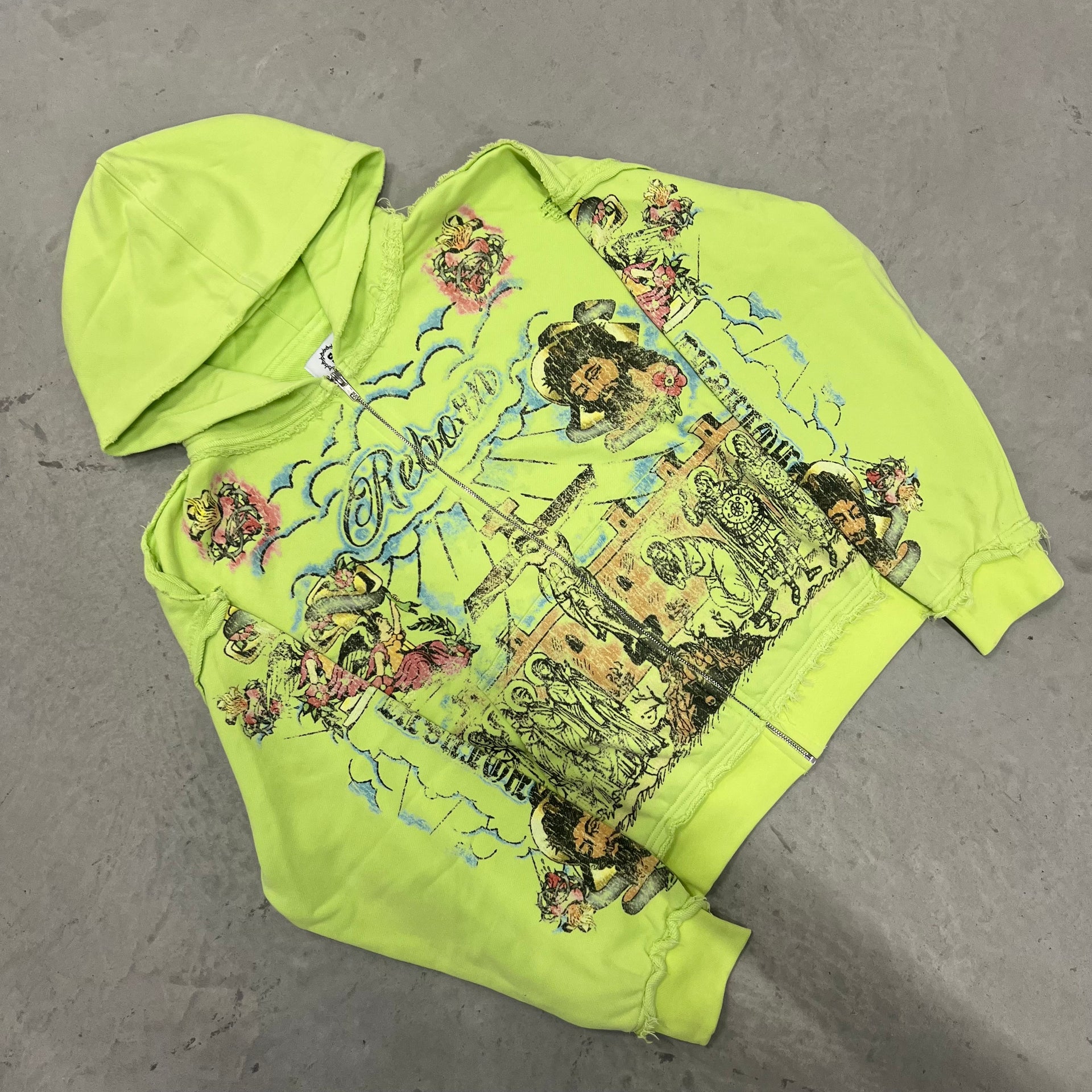 Green "Holy" distressed zip